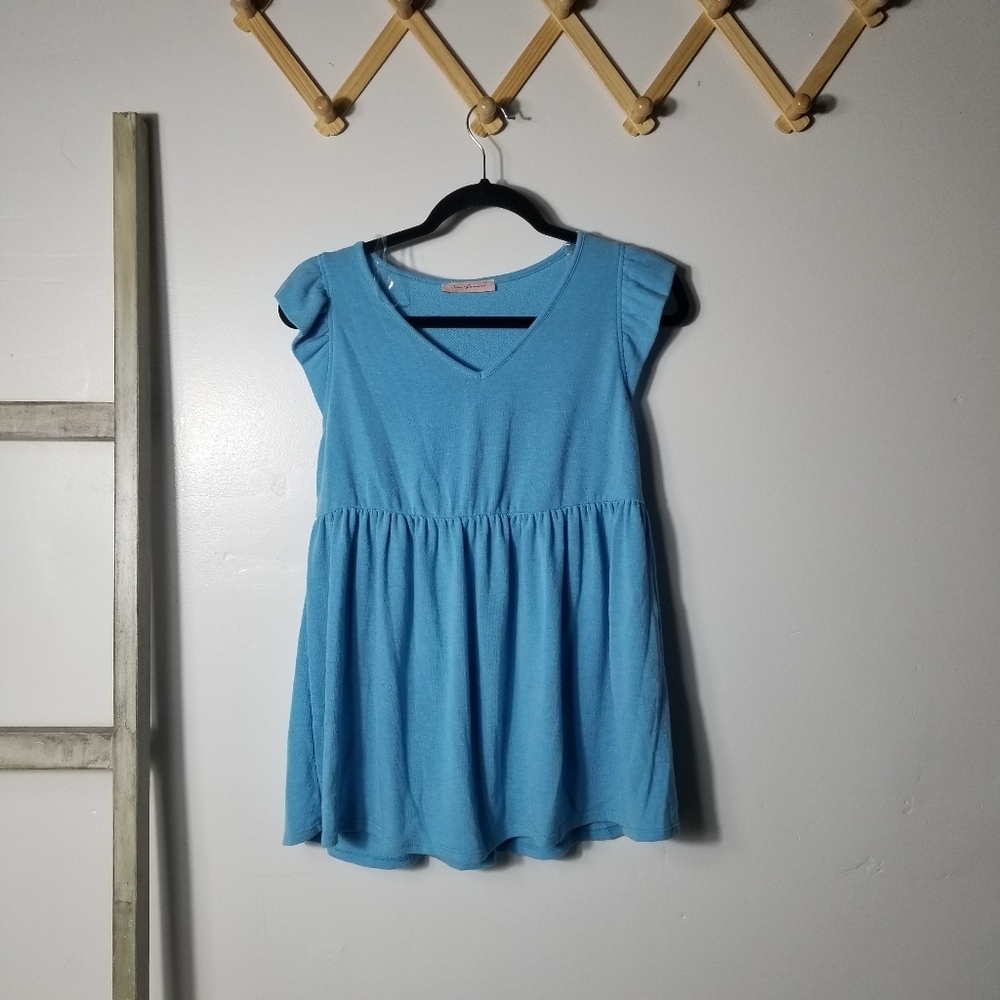NWOT CES FEMME WOMEN'S PEPLUM RUFFLED SLEEVE BLUE BLOUSE SIZE SMALL
